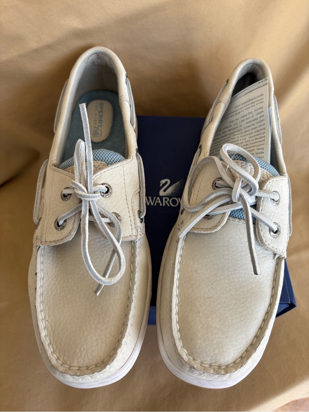 Sperry Women’s Leather Upper Boat Shoes in Light Tan and Pale Blue